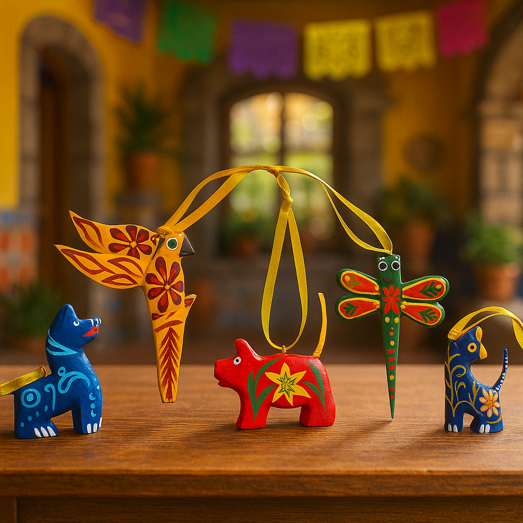 Set de 5 Alebrijes Ornamentales – Colgantes de Madera de Copal Hechos a Mano