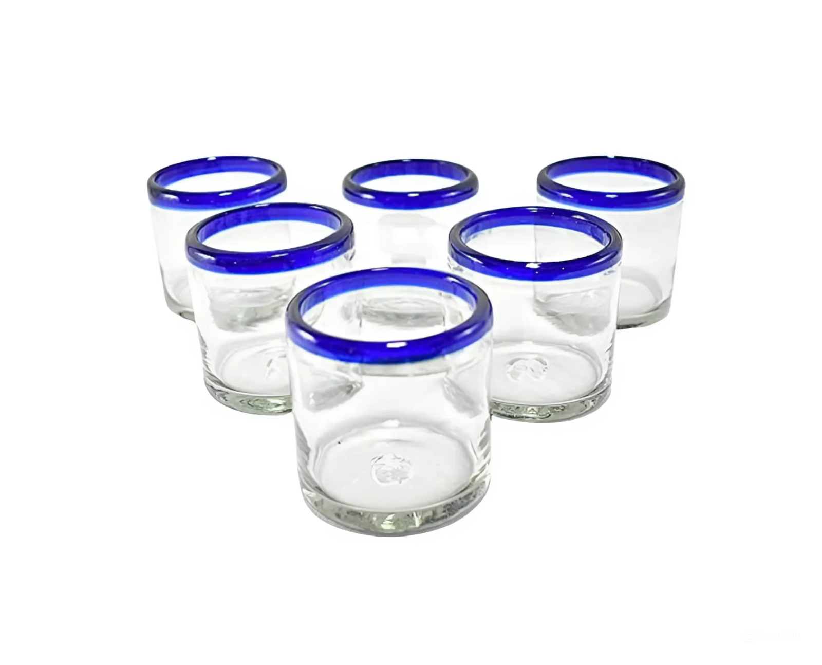 Set de 6 Vasos Cortos de Vidrio Soplado – Borde Azul Cobalto Tradicional (355 ml)