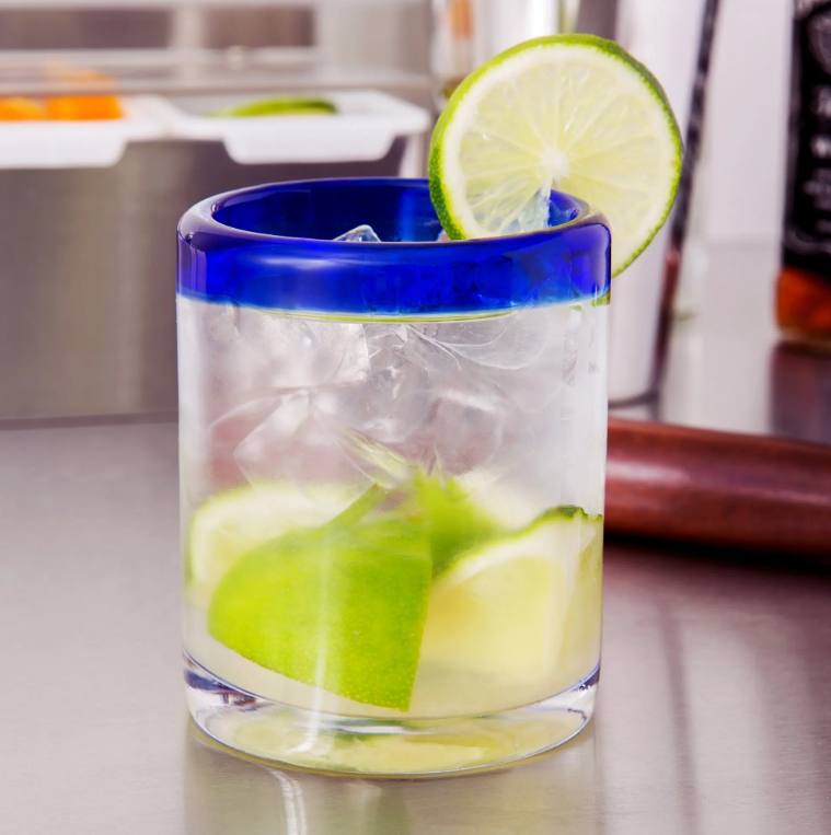 Set de 6 Vasos Cortos de Vidrio Soplado – Borde Azul Cobalto Tradicional (355 ml)