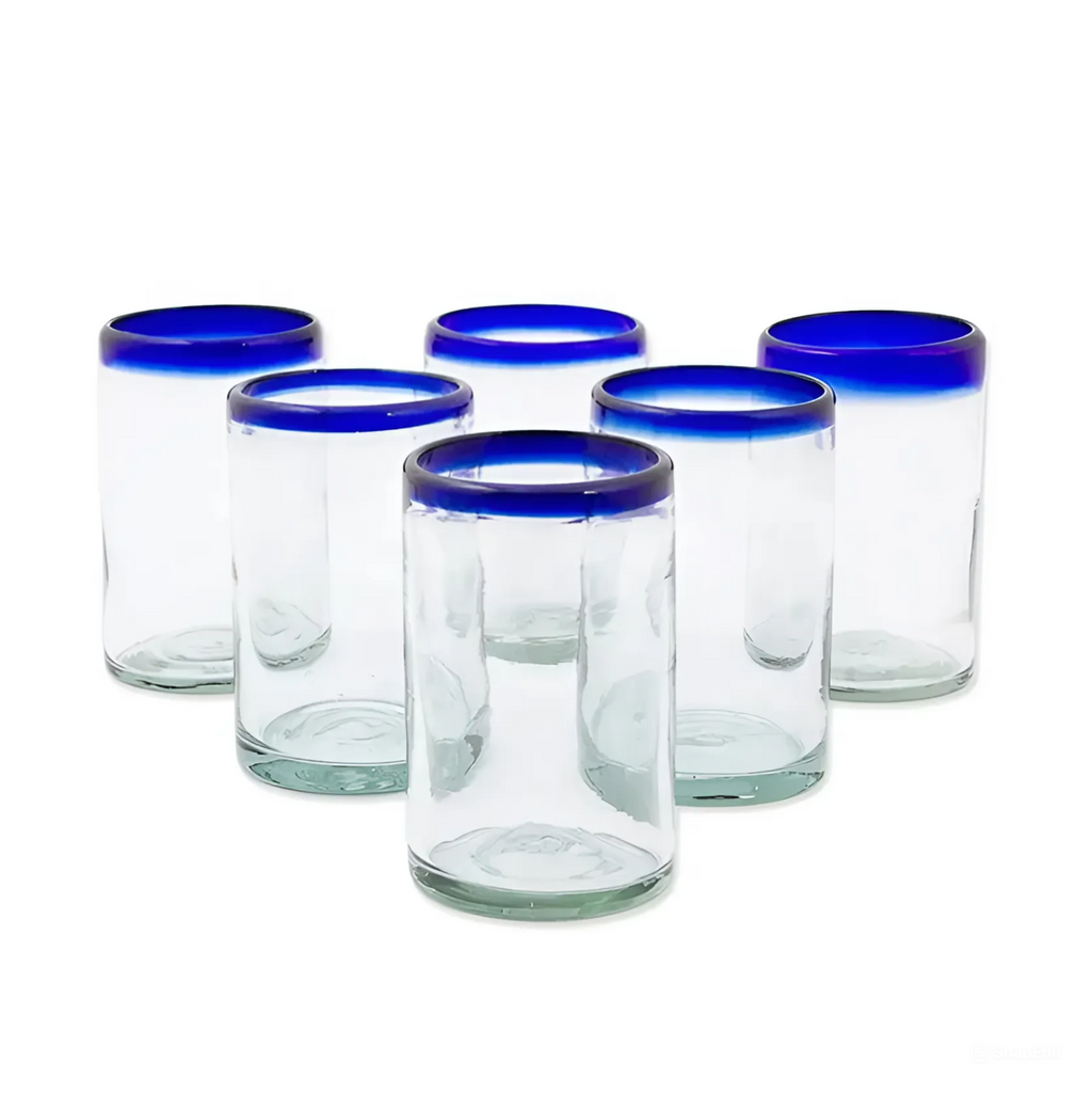 Set de 6 Vasos Altos de Vidrio Soplado – Borde Azul Cobalto Tradicional (532 ml)