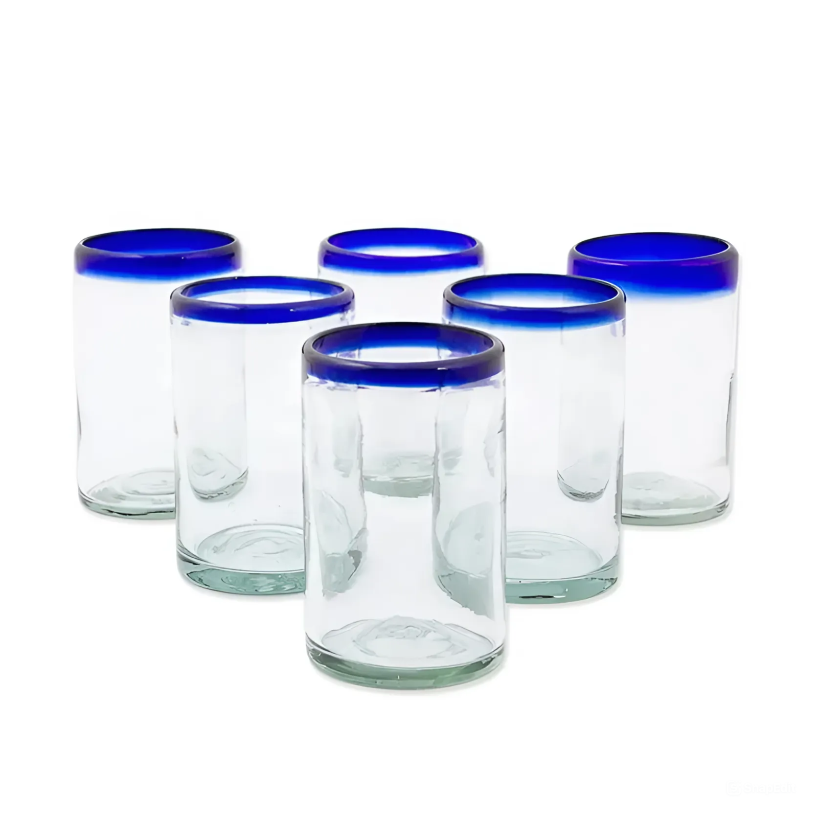 Set de 6 Vasos Altos de Vidrio Soplado – Borde Azul Cobalto Tradicional (532 ml)