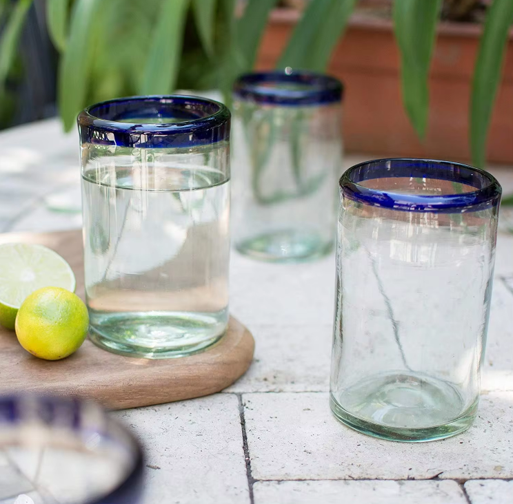 Set de 6 Vasos Altos de Vidrio Soplado – Borde Azul Cobalto Tradicional (532 ml)