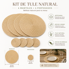 Kit de Mesa de Tule Natural – 4 Manteles Individuales Redondos + 4 Portavasos