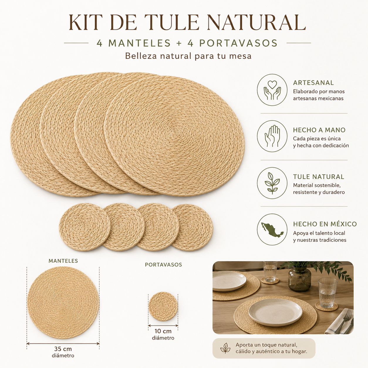 Kit de Mesa de Tule Natural – 4 Manteles Individuales Redondos + 4 Portavasos