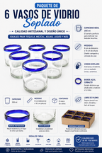 Set de 6 Vasos Cortos de Vidrio Soplado – Borde Azul Cobalto Tradicional (355 ml)