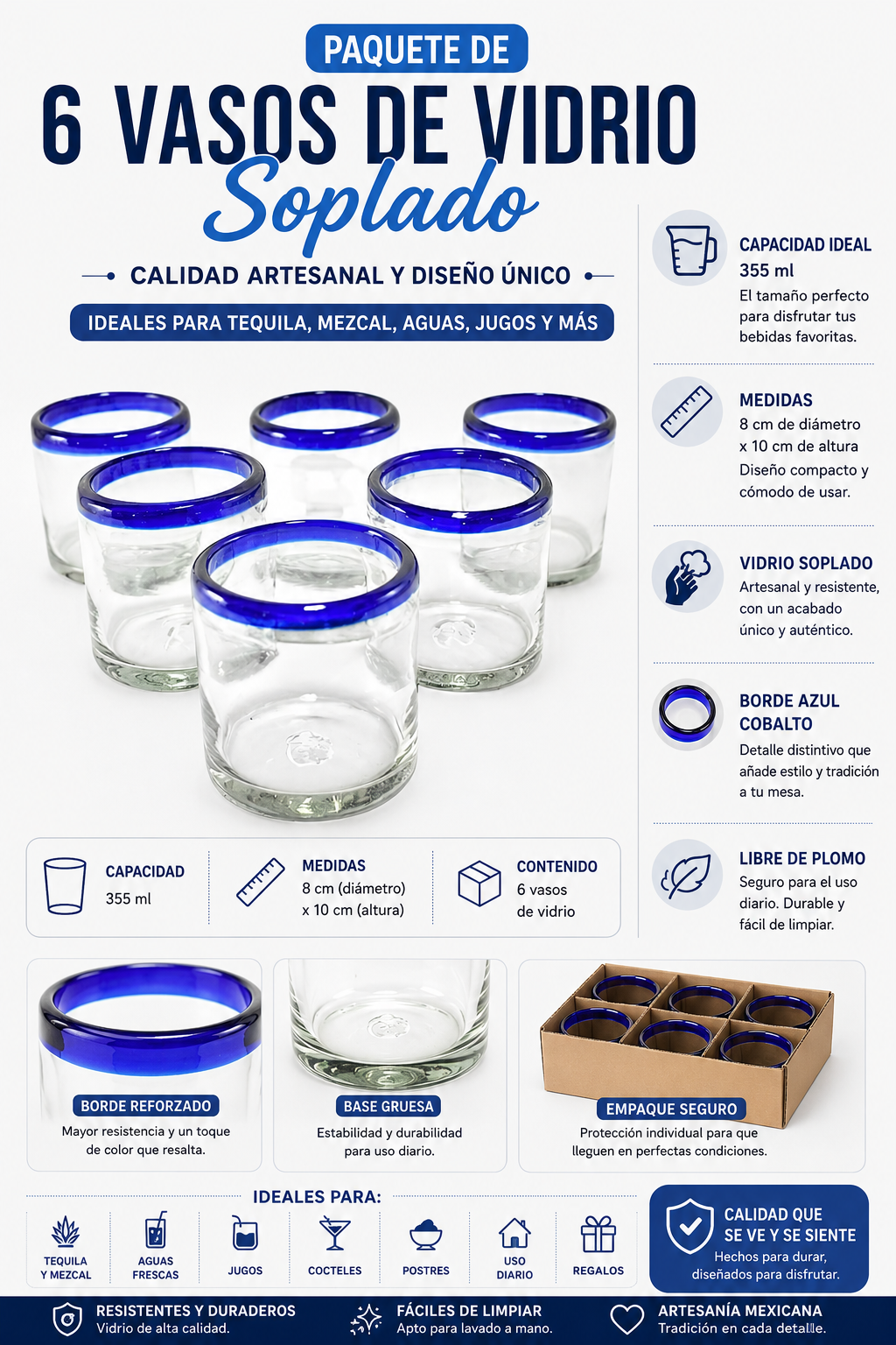 Set de 6 Vasos Cortos de Vidrio Soplado – Borde Azul Cobalto Tradicional (355 ml)