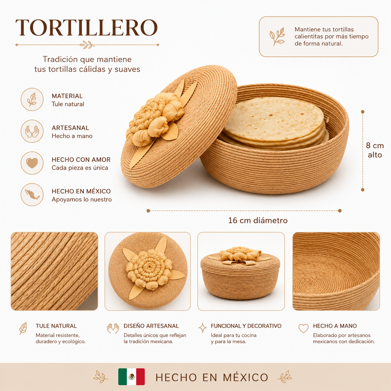 Tortillero Artesanal de Tule Natural con Tapa
