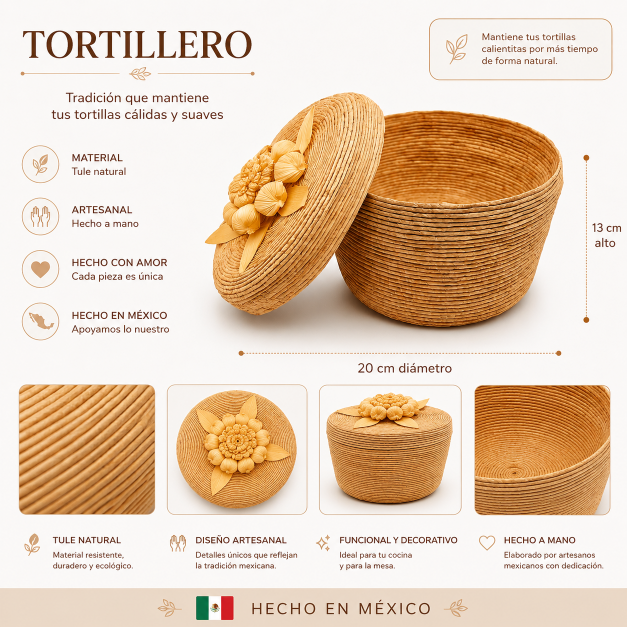 Tortillero Artesanal de Tule Natural con Tapa