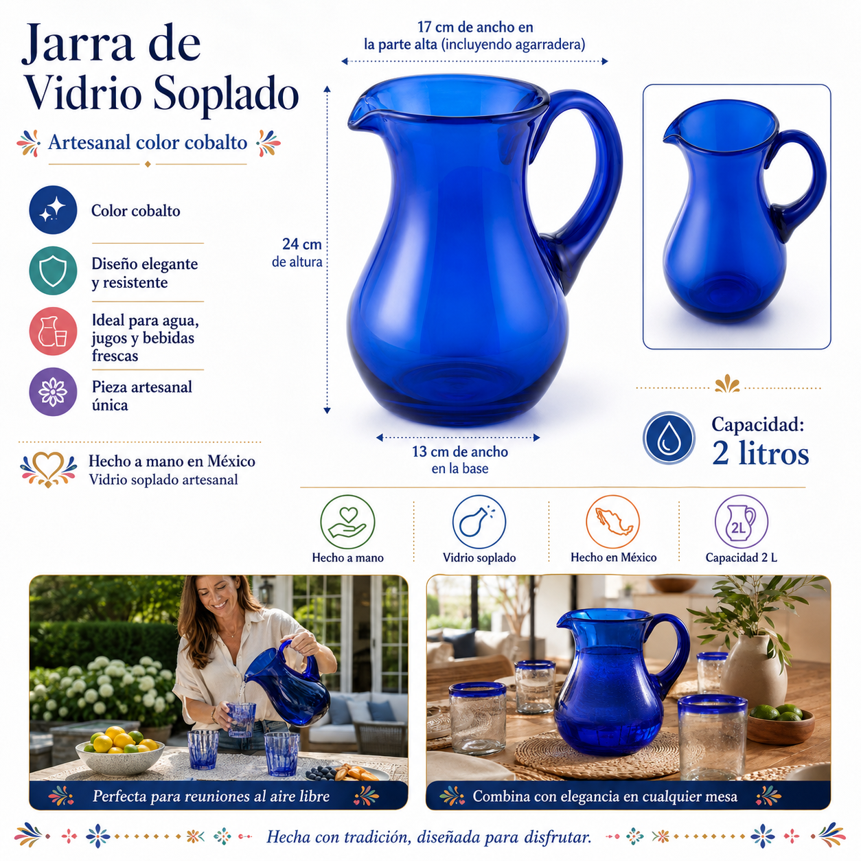 Jarra Pera Artesanal de Vidrio Soplado – Azul Cobalto Premium