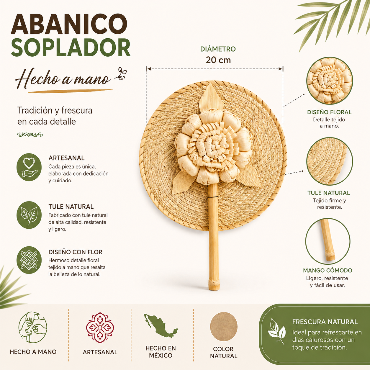 Abanico de Tule Natural con Detalles de Color