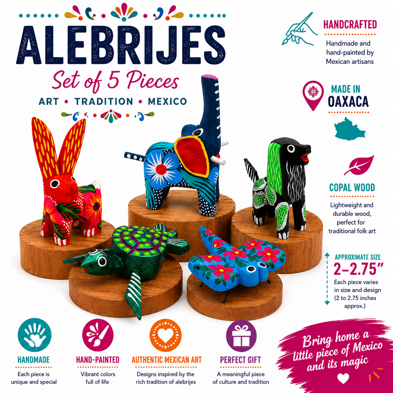 Set de 5 Alebrijes Miniatura de Madera de Copal