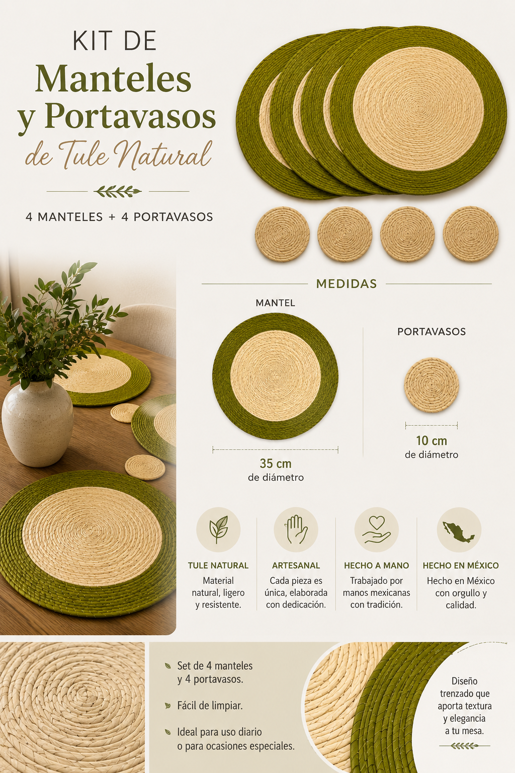 Kit de Mesa de Tule Natural – 4 Manteles Individuales Redondos + 4 Portavasos