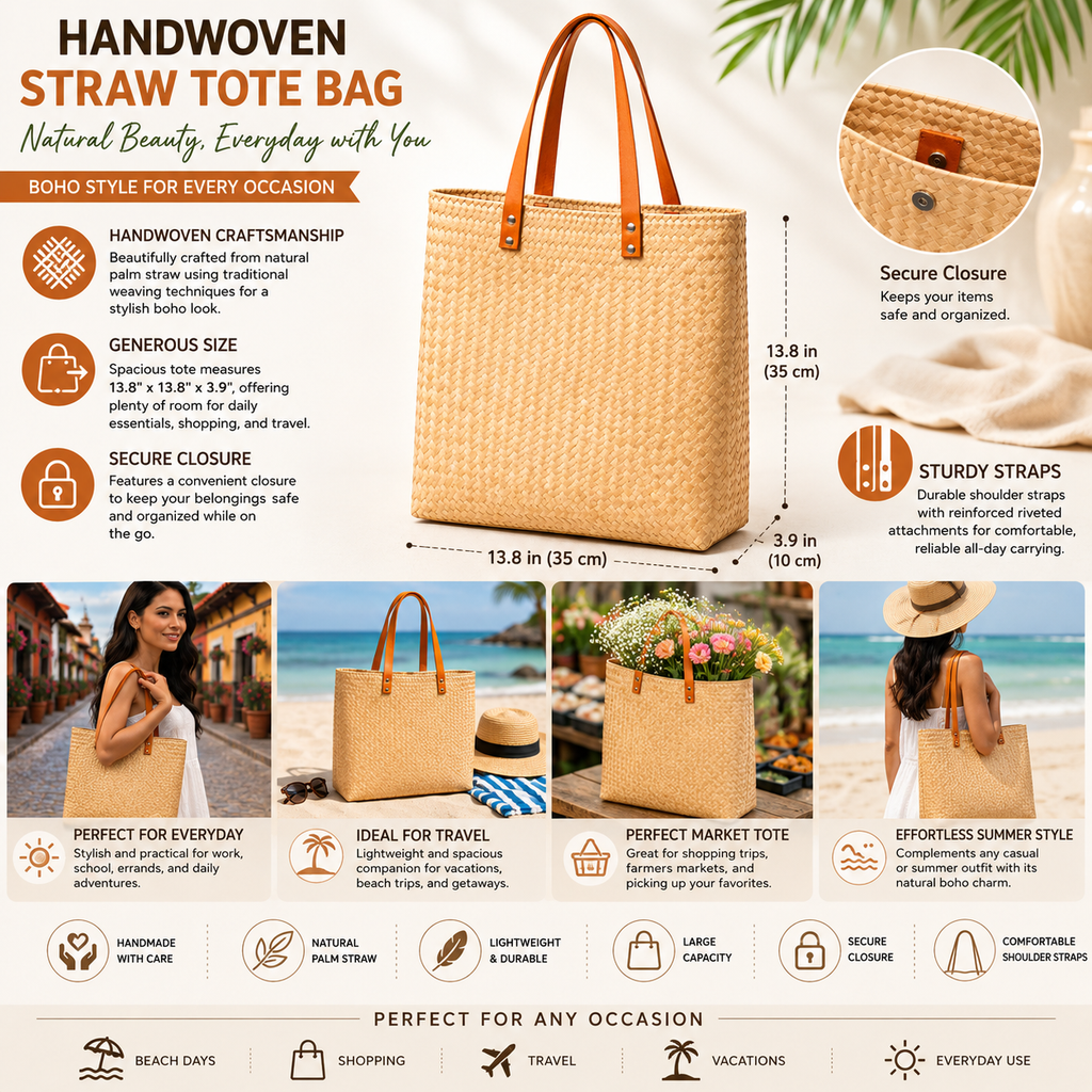 Bolsa Tote Minimalista de Palma Natural – Modelo Broche