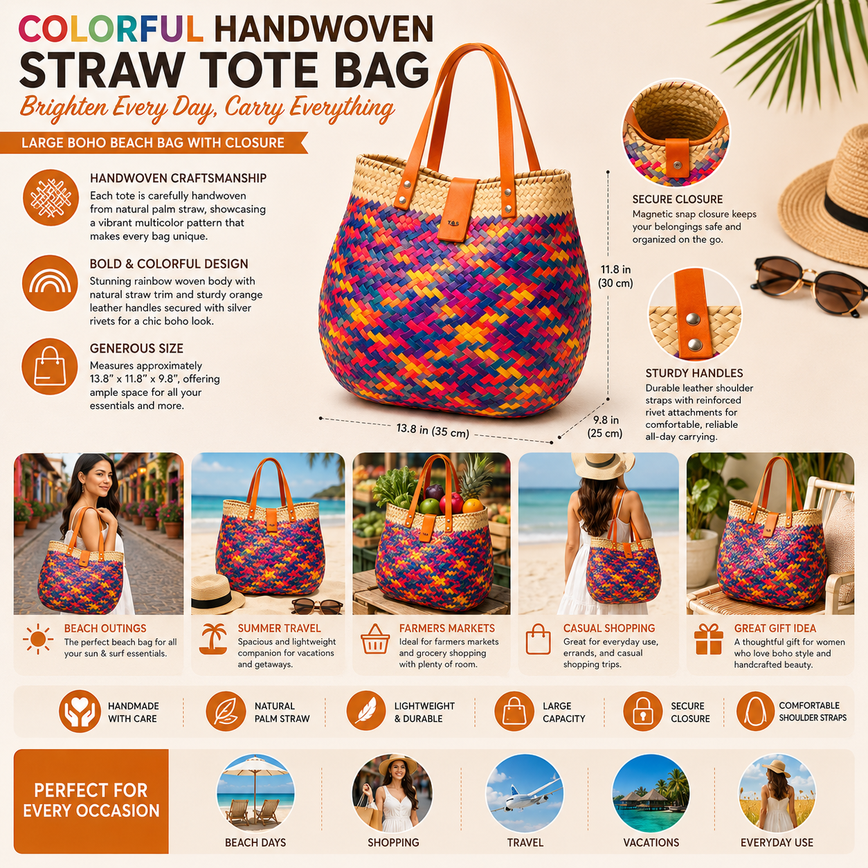Bolsa Tote de Palma Tejida a Mano – Modelo Nene Colores (Tamaño Grande)