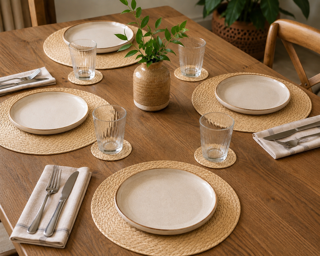 Kit de Mesa de Tule Natural – 4 Manteles Individuales Redondos + 4 Portavasos