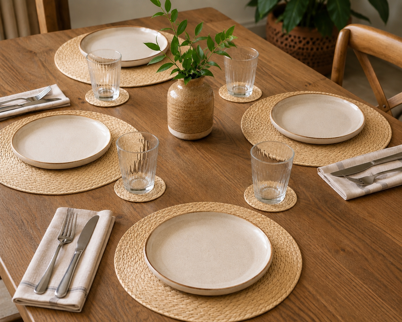 Kit de Mesa de Tule Natural – 4 Manteles Individuales Redondos + 4 Portavasos