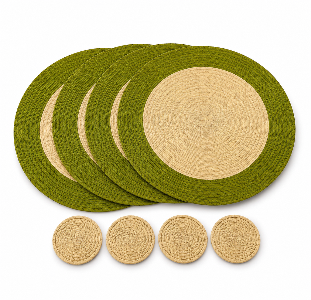 Kit de Mesa de Tule Natural – 4 Manteles Individuales Redondos + 4 Portavasos
