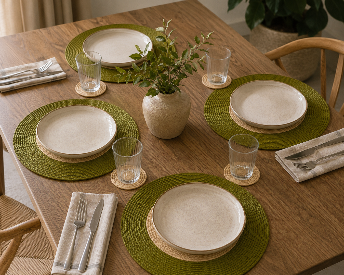 Kit de Mesa de Tule Natural – 4 Manteles Individuales Redondos + 4 Portavasos