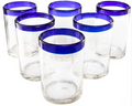 Set de 6 Vasos de Vidrio Soplado – Borde Azul Cobalto Tradicional (473 ml)