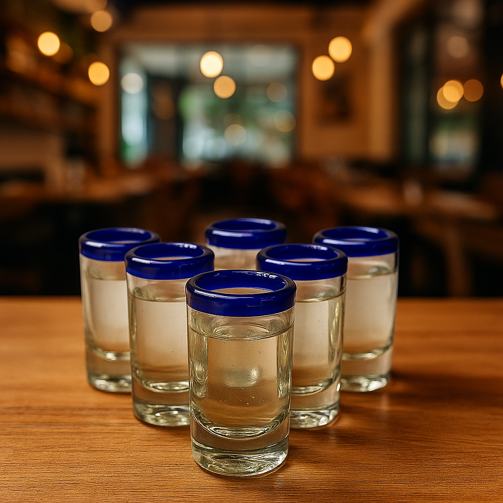 Vaso Tequilero de Vidrio Soplado Individual – Borde Azul Cobalto (2 oz)