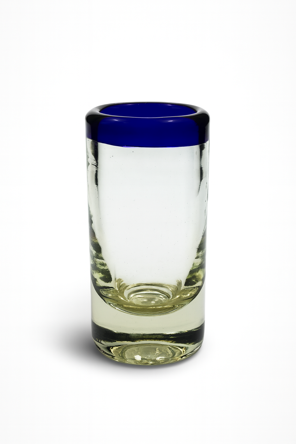 Vaso Tequilero de Vidrio Soplado Individual – Borde Azul Cobalto (2 oz)