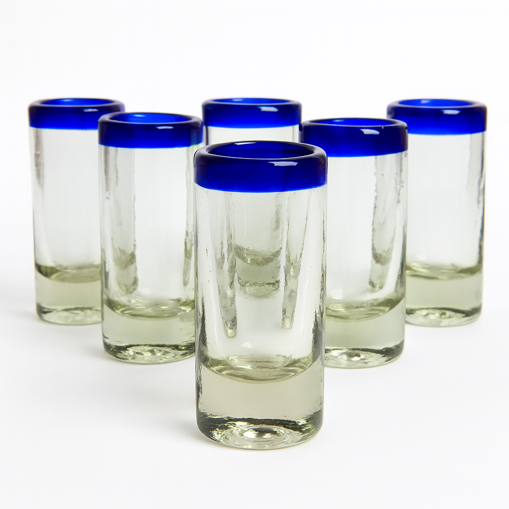 Vaso Tequilero de Vidrio Soplado Individual – Borde Azul Cobalto (2 oz)