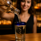 Vaso Tequilero de Vidrio Soplado Individual – Borde Azul Cobalto (2 oz)