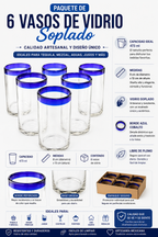 Set de 6 Vasos de Vidrio Soplado – Borde Azul Cobalto Tradicional (473 ml)