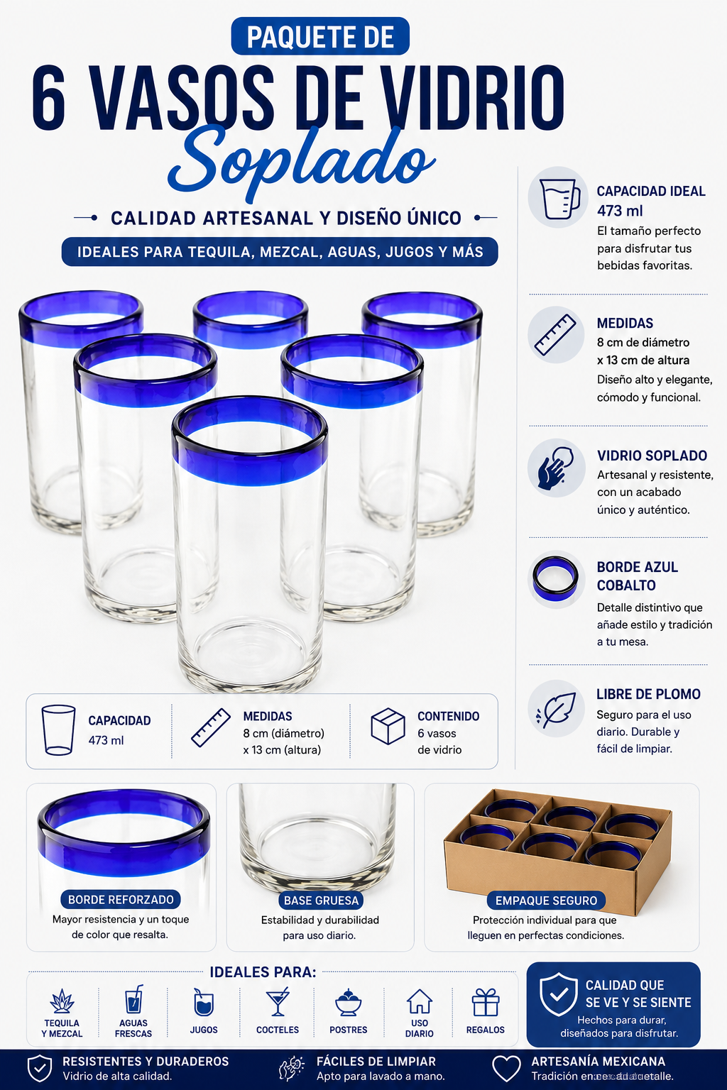 Set de 6 Vasos de Vidrio Soplado – Borde Azul Cobalto Tradicional (473 ml)