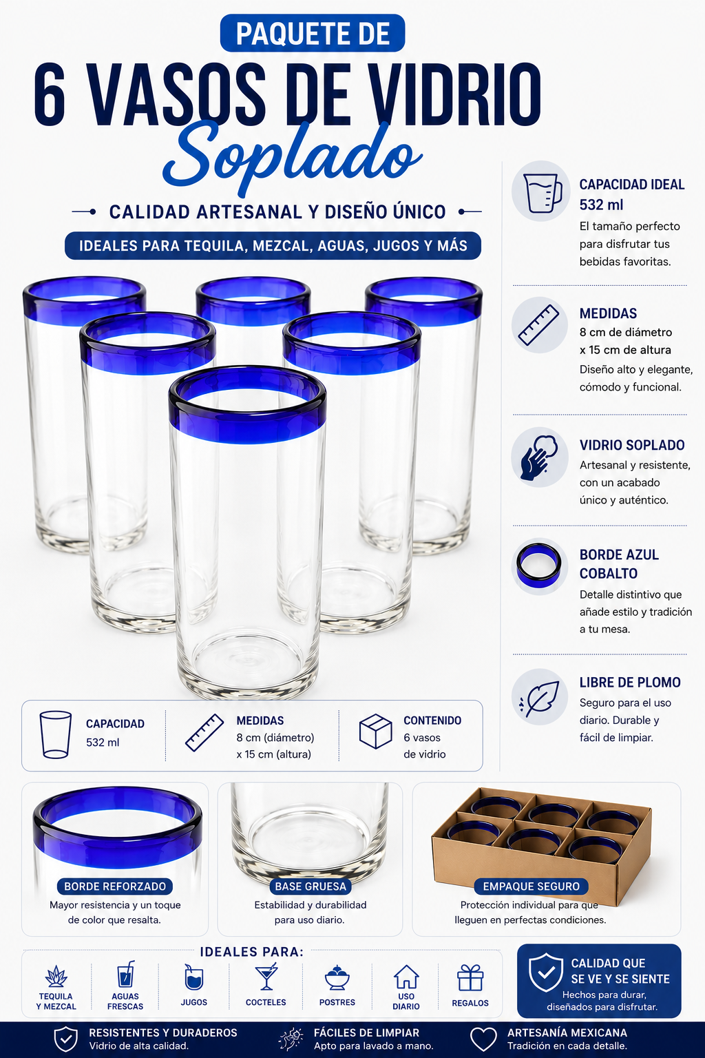 Set de 6 Vasos Altos de Vidrio Soplado – Borde Azul Cobalto Tradicional (532 ml)
