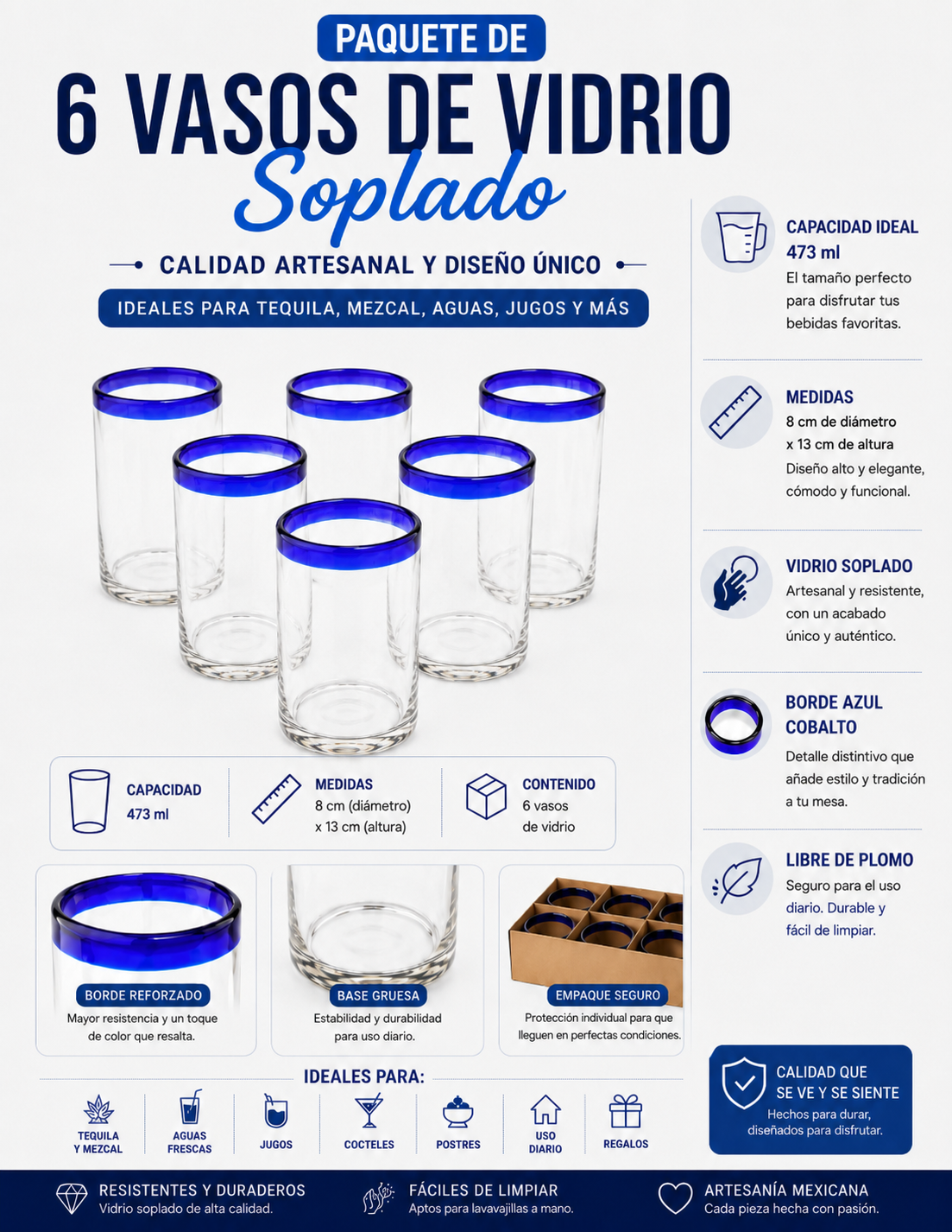 Set de 6 Vasos de Vidrio Soplado – Borde Azul Cobalto Tradicional (473 ml)